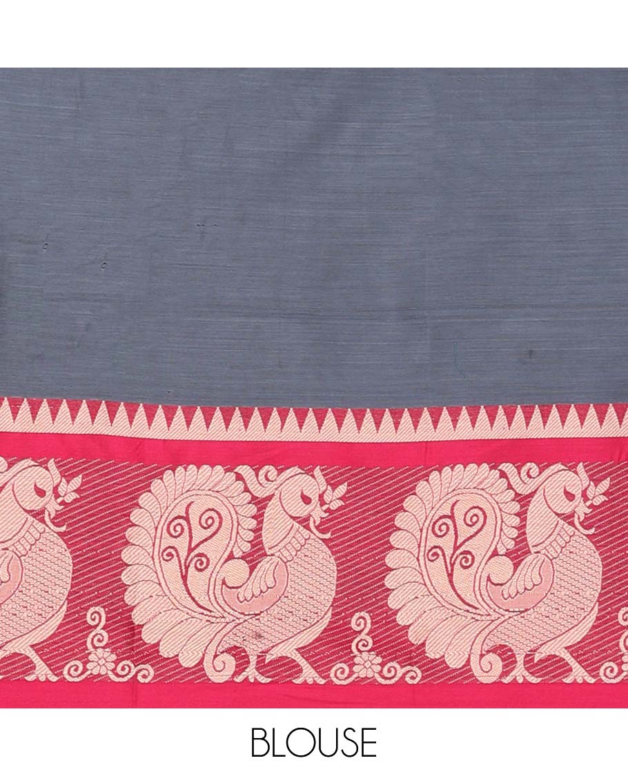Dark grey cotton half saree with contrast peacock motifs border, peacock design blouse & temple border dhavani