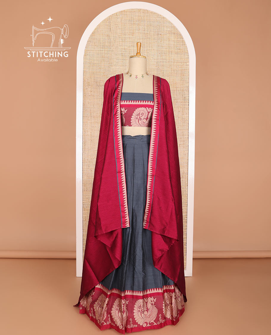 Dark grey cotton half saree with contrast peacock motifs border, peacock design blouse & temple border dhavani