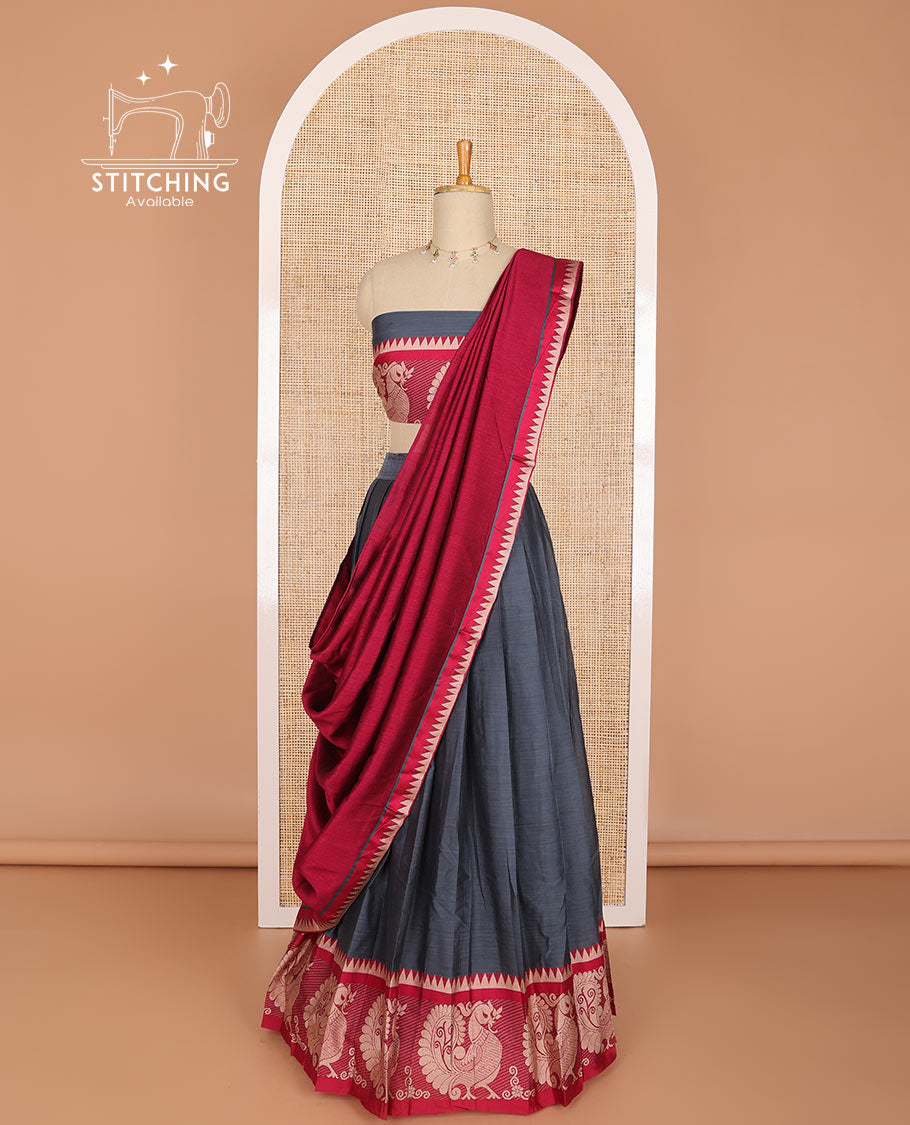 Dark grey cotton half saree with contrast peacock motifs border, peacock design blouse & temple border dhavani