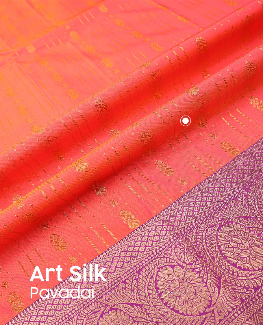 Peach-pink art silk pavadai material, zari design with contrast traditional zari border skirt, a contrast bordered blouse