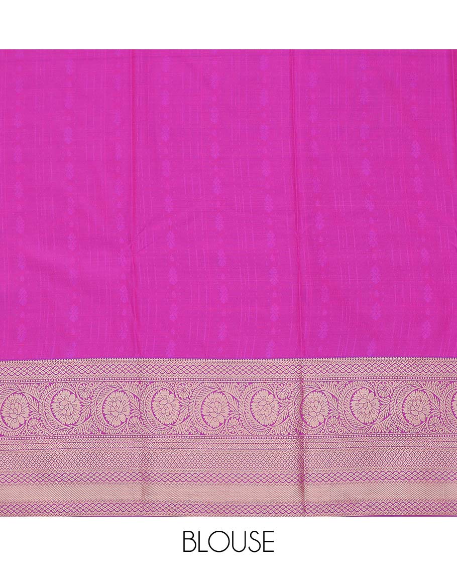 Peach-pink art silk pavadai material, zari design with contrast traditional zari border skirt, a contrast bordered blouse