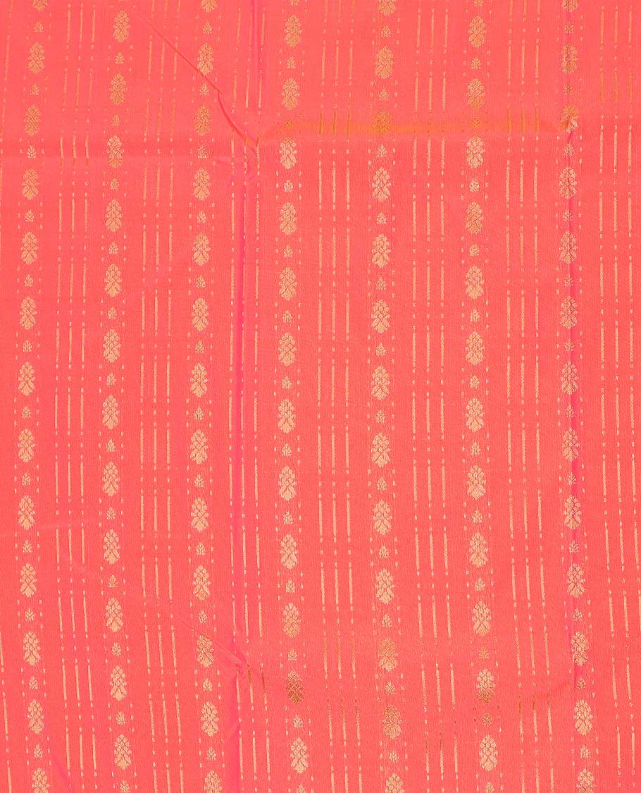Peach-pink art silk pavadai material, zari design with contrast traditional zari border skirt, a contrast bordered blouse