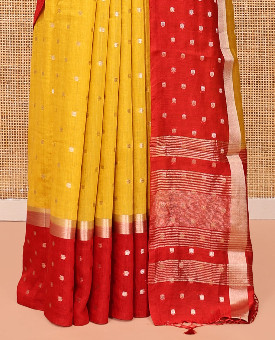 Yellow Assam Silk Saree, Steeped with Zari Buttas, Complemented by Contrast Zari Buttas Woven Border, Gleaming Pallu, and Contrast Blouse