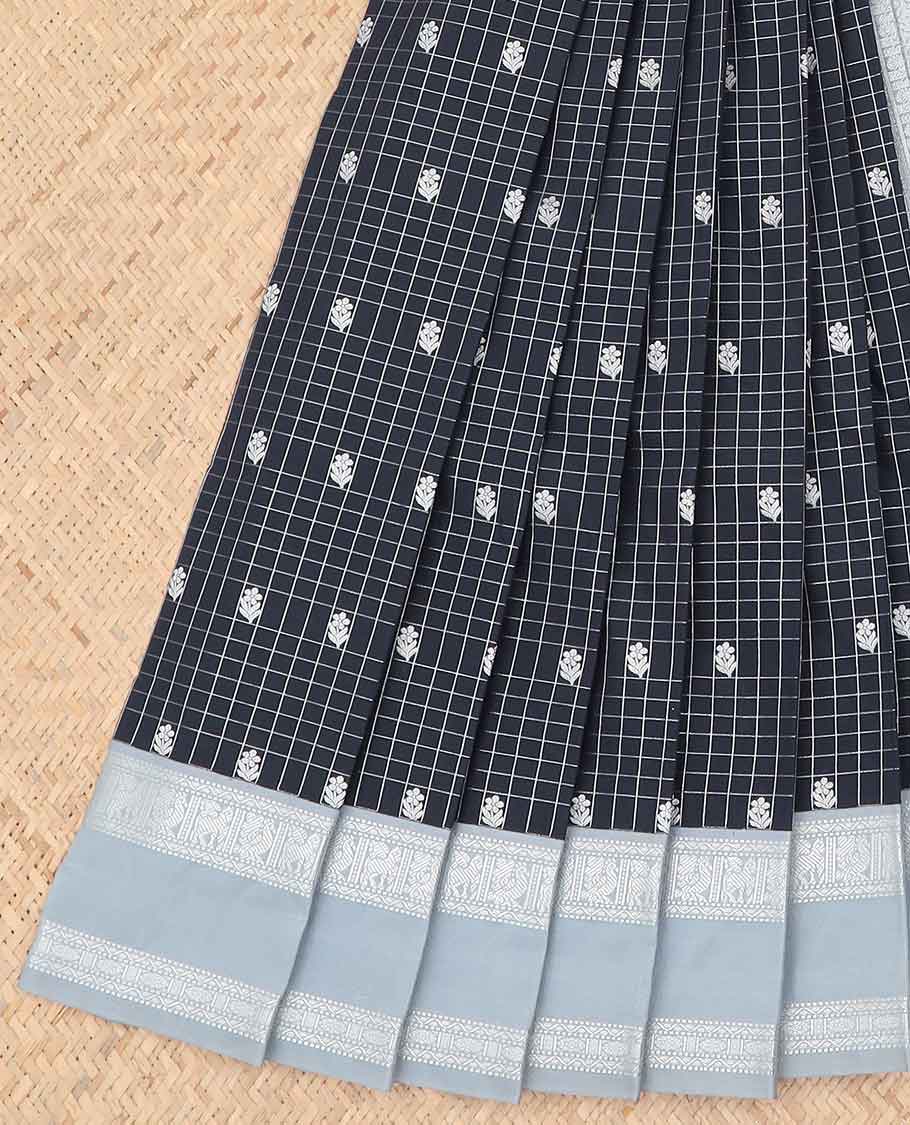 Black checked with floral motifs budget silk saree, contrast zari border & traditional zari design pallu