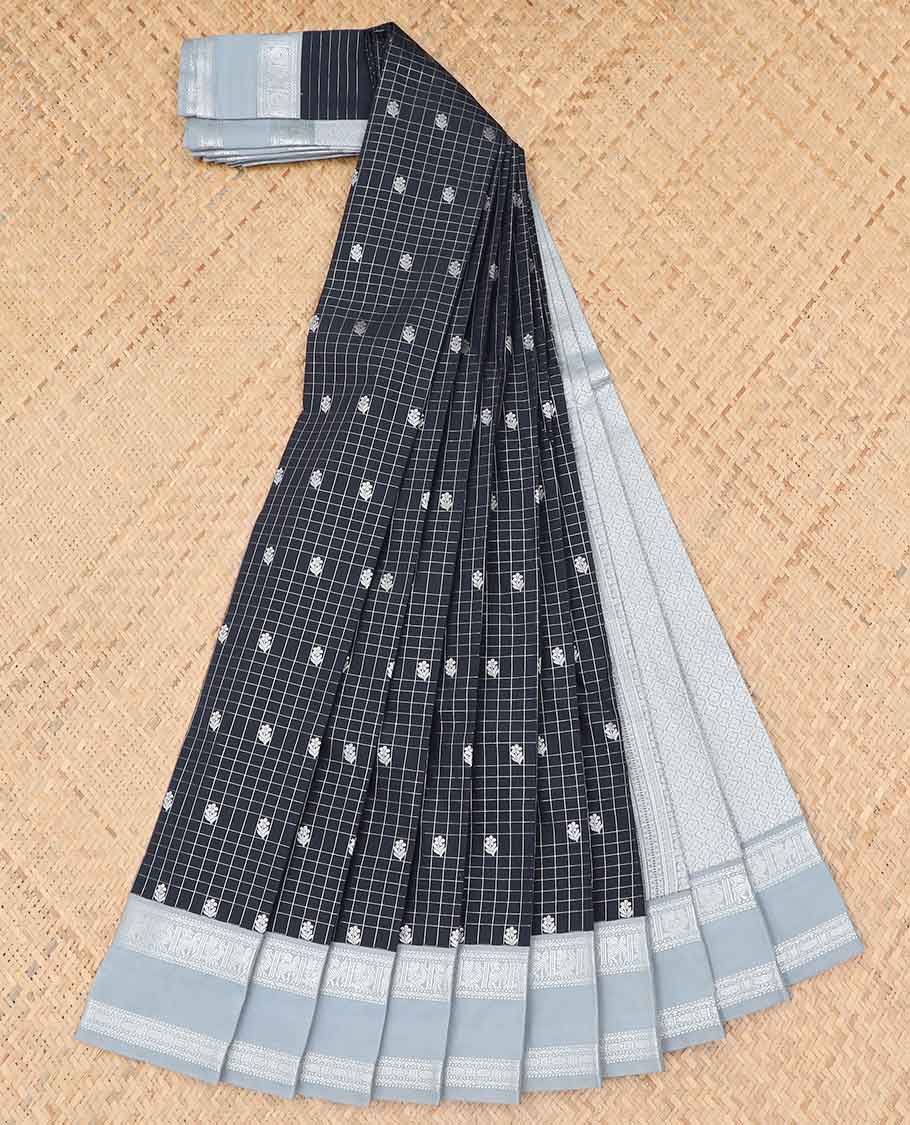 Black checked with floral motifs budget silk saree, contrast zari border & traditional zari design pallu