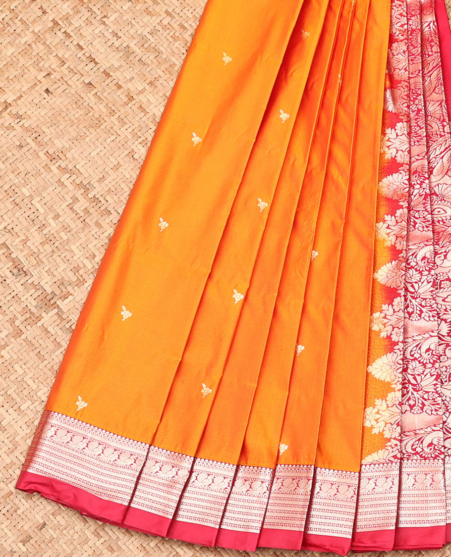 Orange Budget Silk Saree, Graced with Zari Buttas All Over Its Body, Complemented by a Contrast Traditional Zari Design Border, Intricately Designed Pallu, and Paired with a Contrast Blouse
