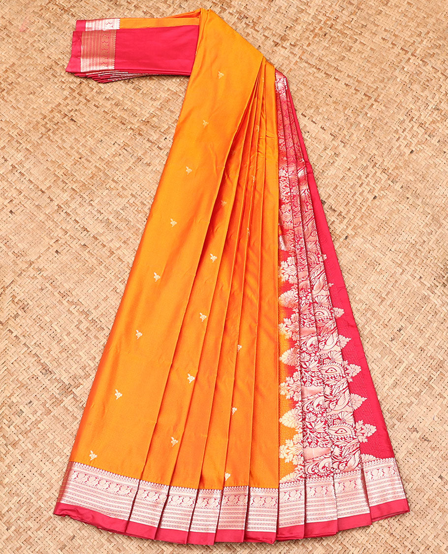 Orange Budget Silk Saree, Graced with Zari Buttas All Over Its Body, Complemented by a Contrast Traditional Zari Design Border, Intricately Designed Pallu, and Paired with a Contrast Blouse