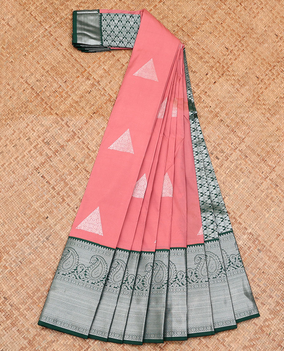 Peach Budget Silk Saree, Elevated with Zari Buttas on Its Body, Complemented by a Contrast Traditional Zari Border of Paisley Designs, Grand Jaal Pallu, and Paired with a Contrast Blouse