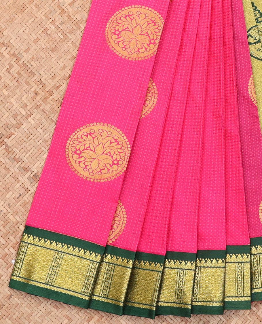 Pink Budget Silk Saree, Embellished with Round Buttas All Over Its Body, Complemented by a Contrast Traditional Zari Design Border, Intricately Designed Pallu, and Paired with a Contrast Blouse