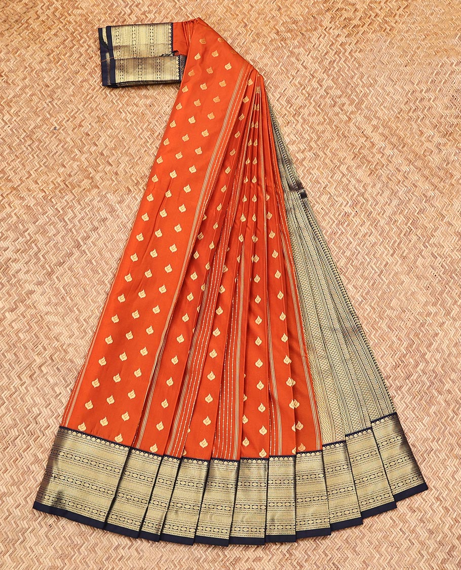 Rust Budget Silk Saree, Mesmerized with Buttas and Stripes on Its Body, Complemented by a Contrast Traditional Zari Design Border, Geometric-Patterned Pallu, and Paired with a Contrast Blouse