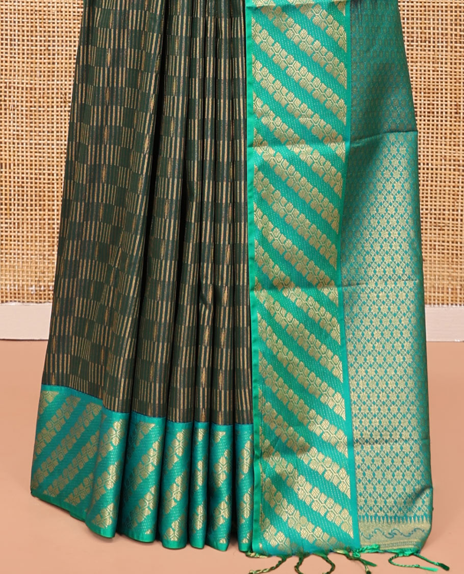 Green Budget Silk Saree, Elevated with Zari Checks, Complemented by Contrast Floral Creeper Border, Intricately Designed Pallu, and a Contrast Blouse
