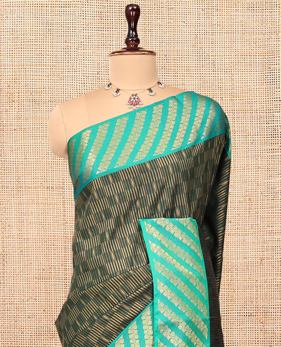 Green Budget Silk Saree, Elevated with Zari Checks, Complemented by Contrast Floral Creeper Border, Intricately Designed Pallu, and a Contrast Blouse