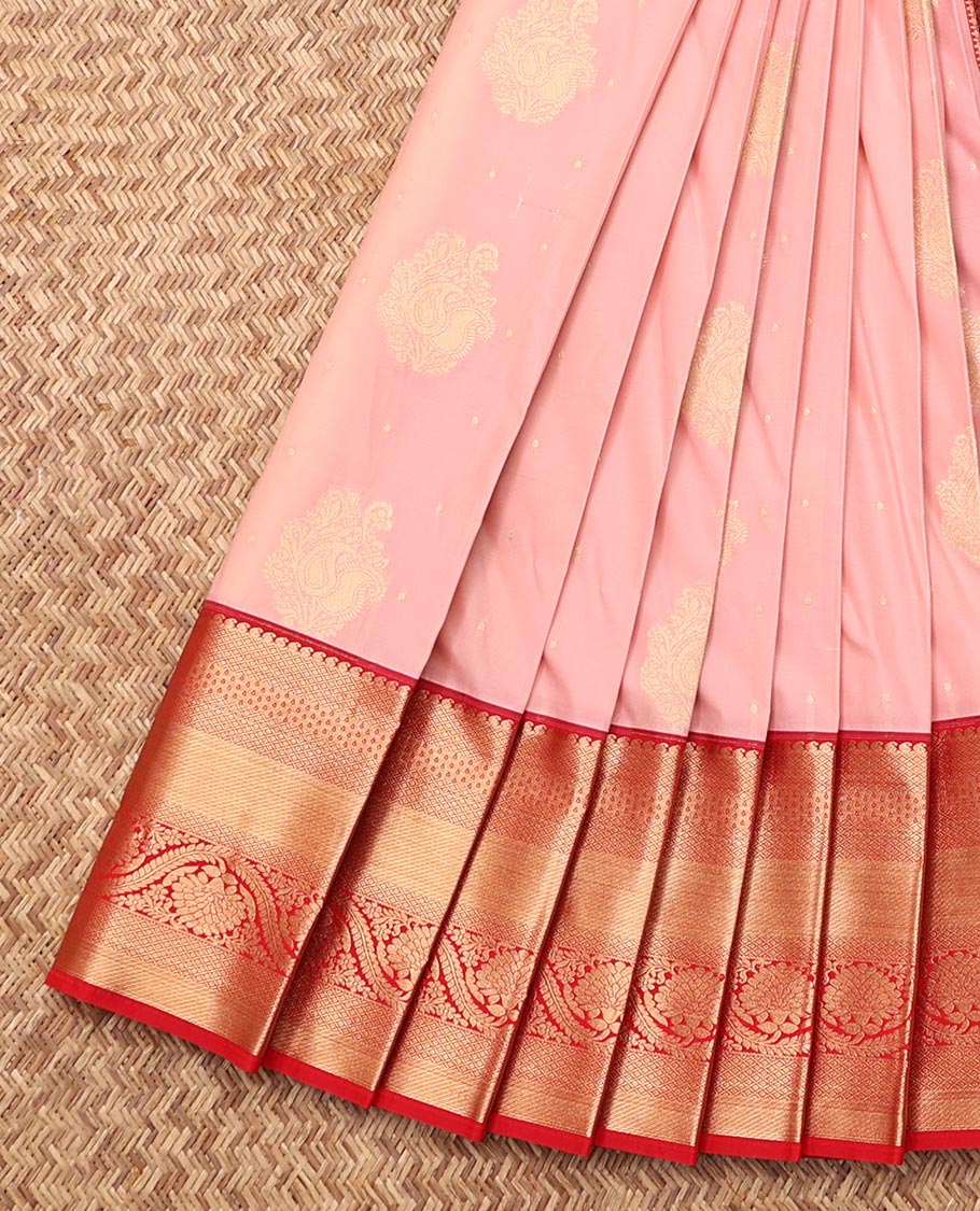 Pink Budget Silk Saree, Sparsely Sparkled with Zari Buttas, Complemented by Contrast Traditional Zari Border, Grand Pallu, and a Contrast Blouse