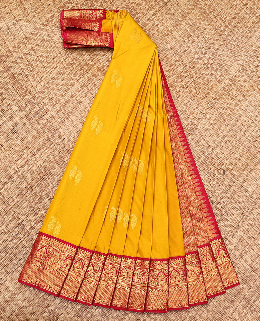 Yellow Budget Silk Saree, Subtly Sparkled with Zari Buttas, Complemented by a Contrast Traditional Zari Border, Jaal Pallu, and a Contrast Blouse