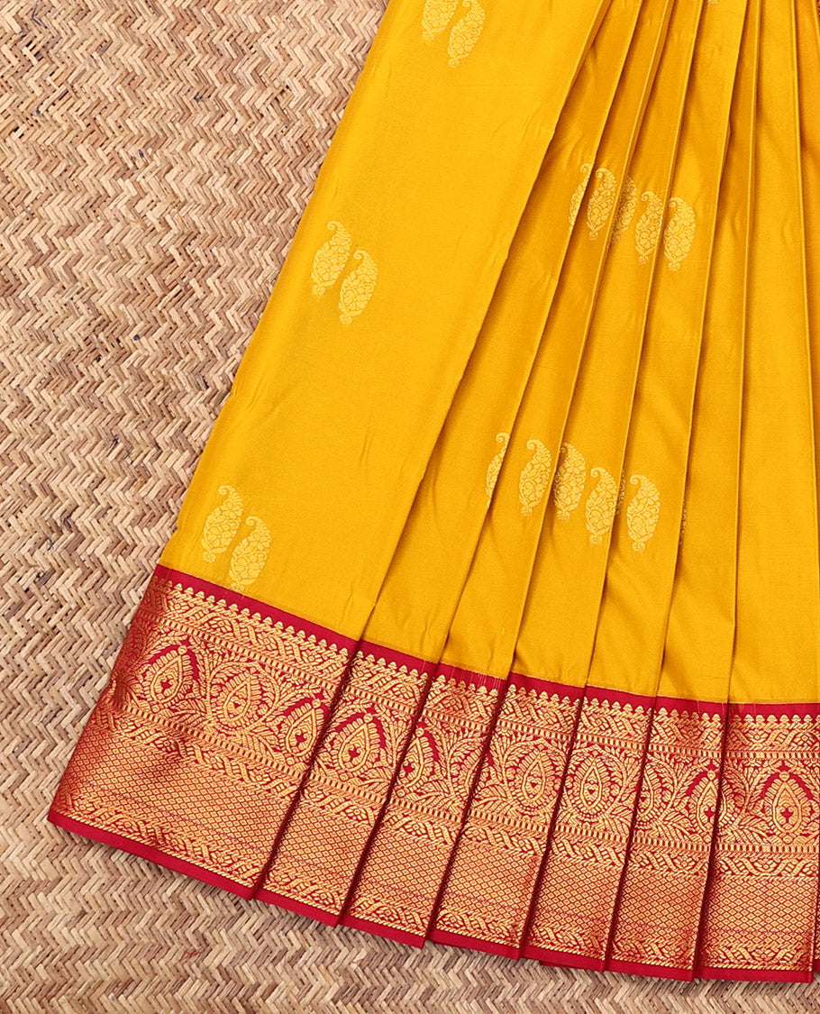 Yellow Budget Silk Saree, Subtly Sparkled with Zari Buttas, Complemented by a Contrast Traditional Zari Border, Jaal Pallu, and a Contrast Blouse