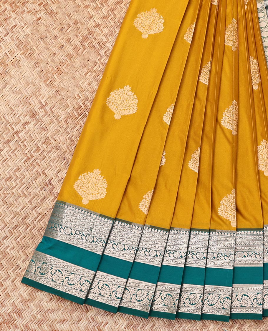 Yellow Budget Silk Saree, Accentuated with Zari Buttas, Complemented by a Contrast Traditional Zari Rettai Pettu Border, Grand Pallu, and a Contrast Blouse