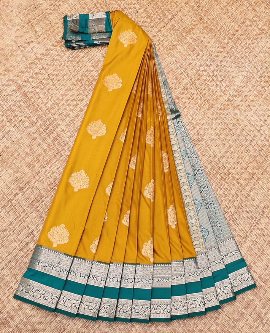 Yellow Budget Silk Saree, Accentuated with Zari Buttas, Complemented by a Contrast Traditional Zari Rettai Pettu Border, Grand Pallu, and a Contrast Blouse