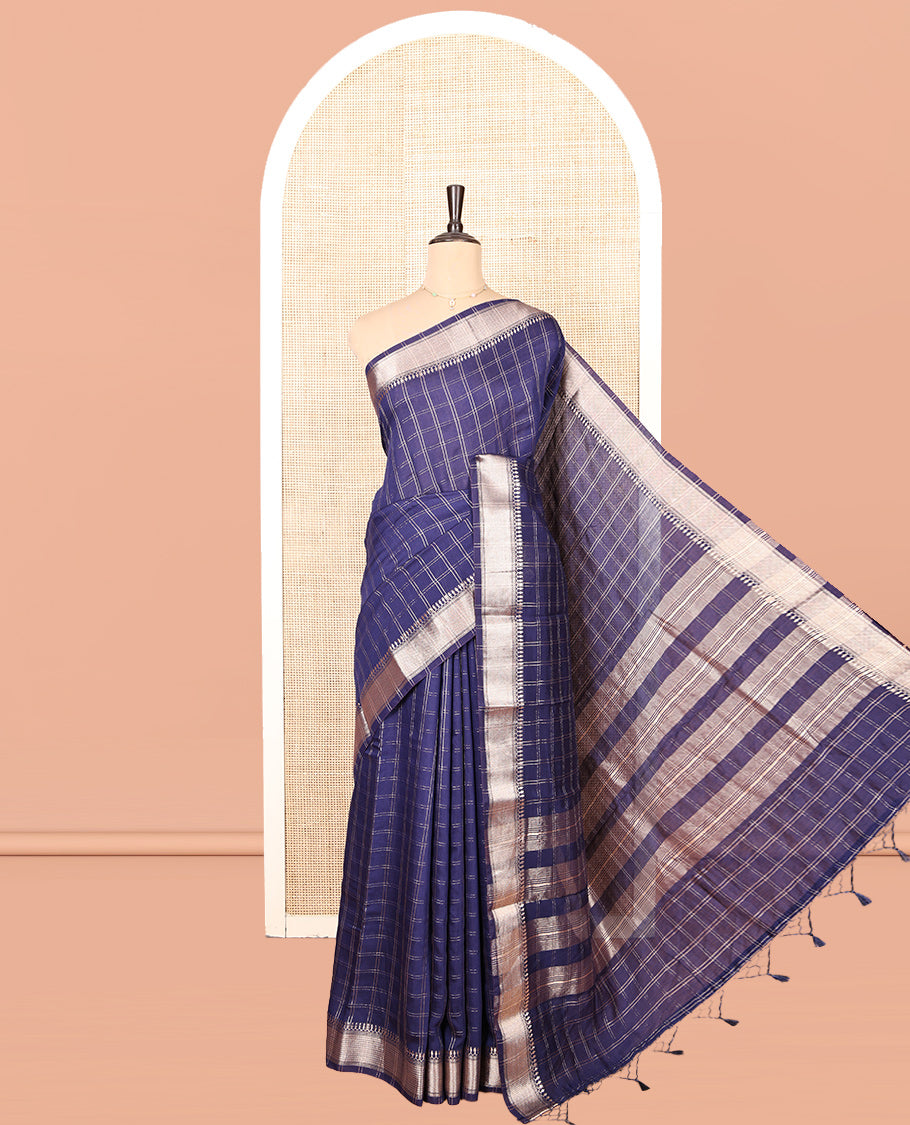 Blue Assam Silk Saree, Elevated with Zari Checks, Highlighted by a Traditional Zari Border, Zari Striped Pallu, and a Matching Blouse