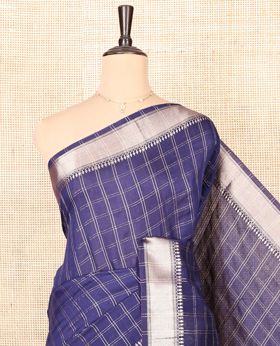 Blue Assam Silk Saree, Elevated with Zari Checks, Highlighted by a Traditional Zari Border, Zari Striped Pallu, and a Matching Blouse