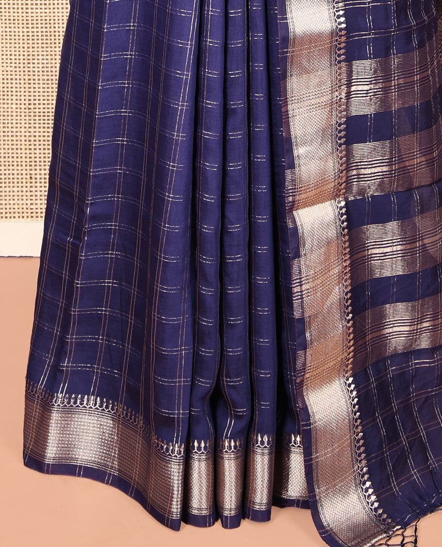 Blue Assam Silk Saree, Elevated with Zari Checks, Highlighted by a Traditional Zari Border, Zari Striped Pallu, and a Matching Blouse