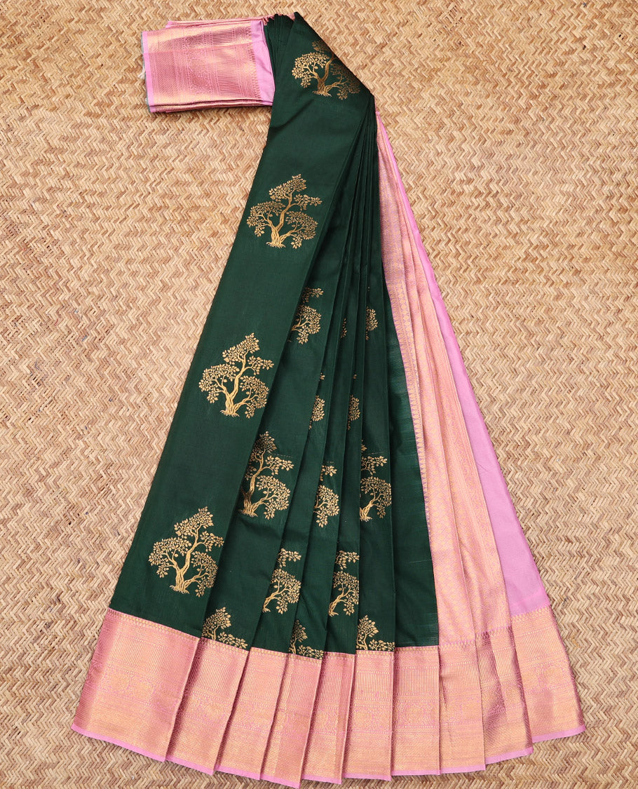 Green Budget Silk Saree, Woven with Zari Buttas, Complemented by a Contrast Traditional Zari Border, Grand Pallu, and a Contrast Blouse