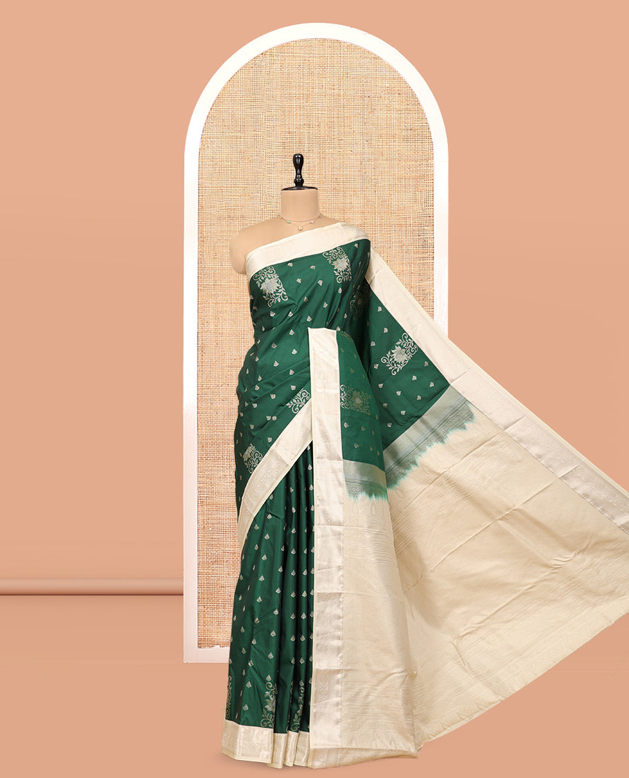 Green Budget Silk Saree, Elevated with Zari Buttas, Complemented by a Contrast Traditional Zari Border, Grand Pallu, and Contrast Blouse
