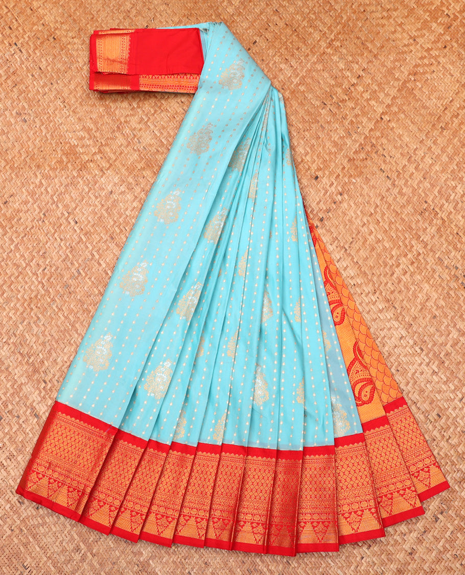 Blue Budget Silk saree, Adorned with Zari Buttas All Over Its Body, Complemented by Contrast Traditional Zari Designs Woven Border, Grand Pallu and Paired with a Contrast Blouse