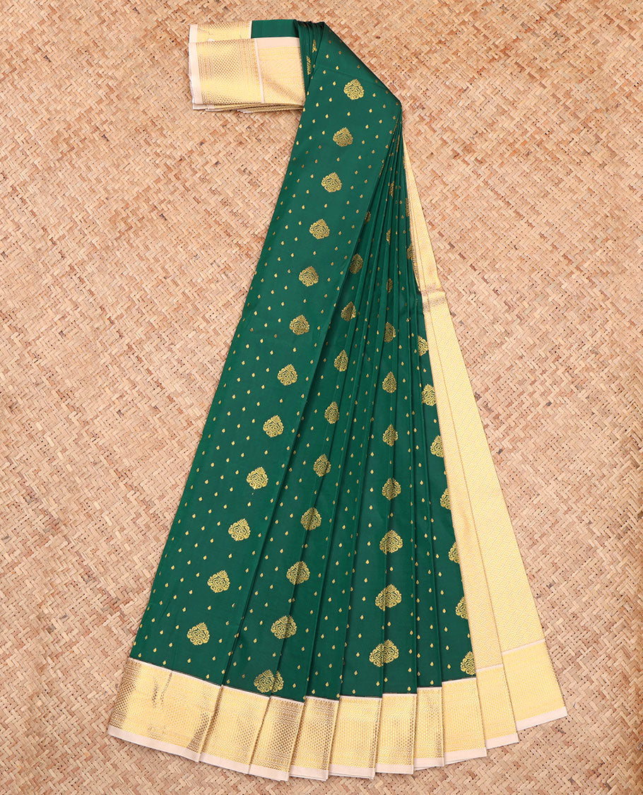 Green Budget Silk Saree, Accentuated with Zari Buttas All Over Its Body, Complemented by a Contrast Traditional Zari Design-Woven Border, Subtly Woven Pallu of Jaal Designs, and Paired with a Contrast Blouse