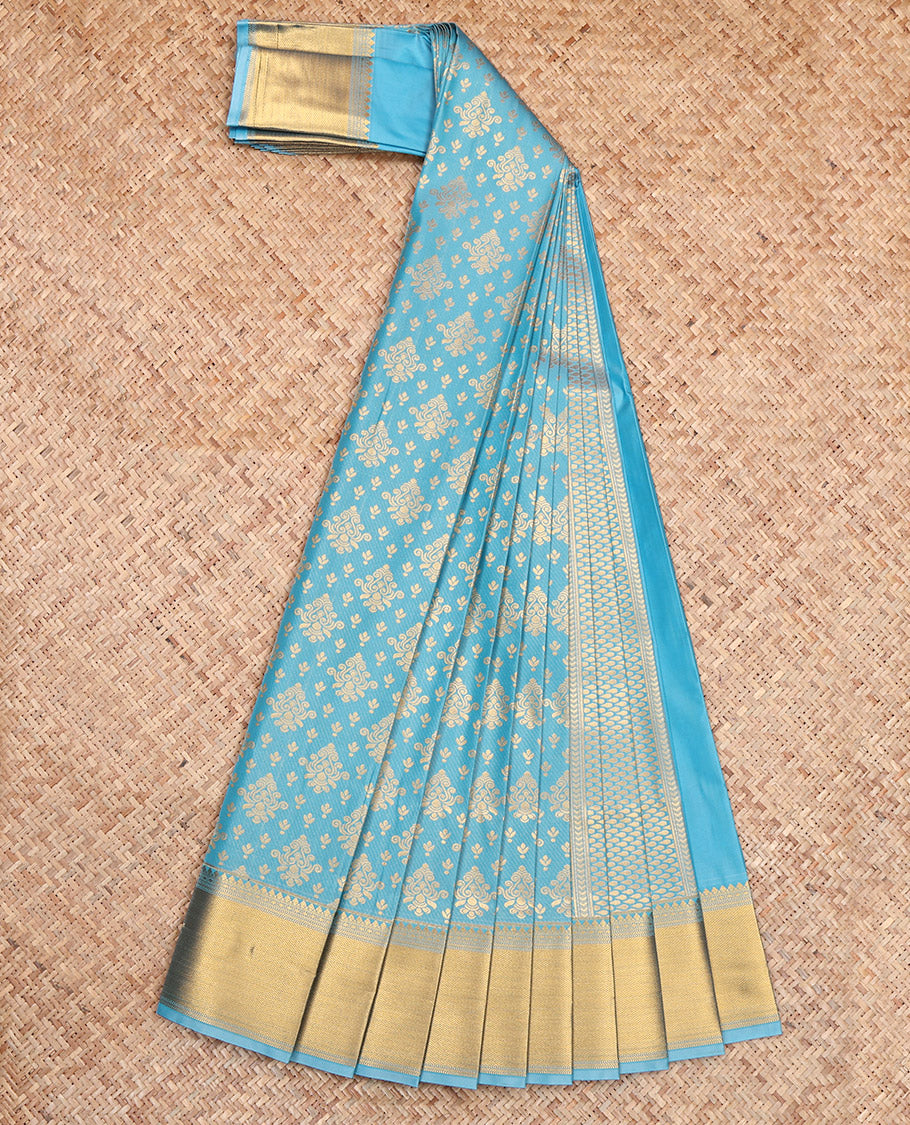 Sky Blue Budget Silk Saree, Enriched with Zari Buttas All Over Its Body, Highlighted by Traditional Zari Designs Woven Border, Grand Pallu, and Paired with a Matching Blouse - Inspired by Trisha