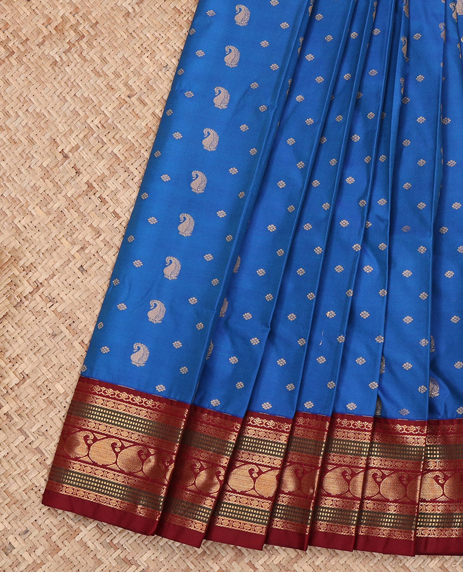Blue Budget Silk Saree, Bedecked with Zari Buttas All Over Its Body, Complemented by a Contrast Traditional Zari Design Border, Grand Pallu, and Paired with a Contrast Blouse