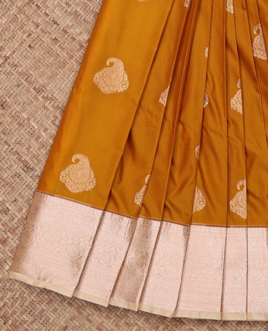 Yellow Budget Silk Saree, Graced with Zari Buttas All Over Its Body, Complemented by a Contrast Traditional Zari Design Woven Border, Sparsely Woven Pallu, and Paired with a Contrast Blouse