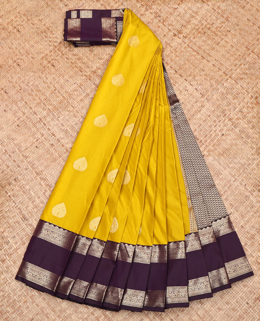 Yellow Budget Silk Saree, Adorned with Zari Buttas on Its Body, Complemented by a Contrast Traditional Zari Design Rettai Pettu Border, Pallu of Jaal Design, and Paired with a Contrast Blouse