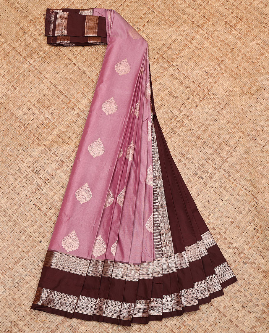 Pink Budget Silk Saree, Graced with Zari Buttas, Complemented by a Contrast Traditional Zari Rettai Pettu Border, Intricate Pallu, and a Contrast Blouse