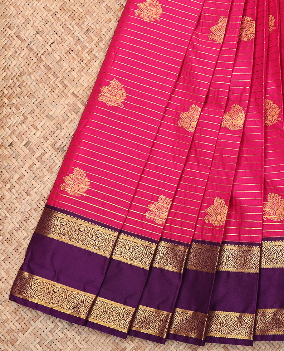 Pink Budget Silk Saree, Elevated with Zari Buttas and Stripes, Complemented by Contrast Traditional Zari Rettai Pettu Border, Jaal Pallu, and a Contrast Blouse