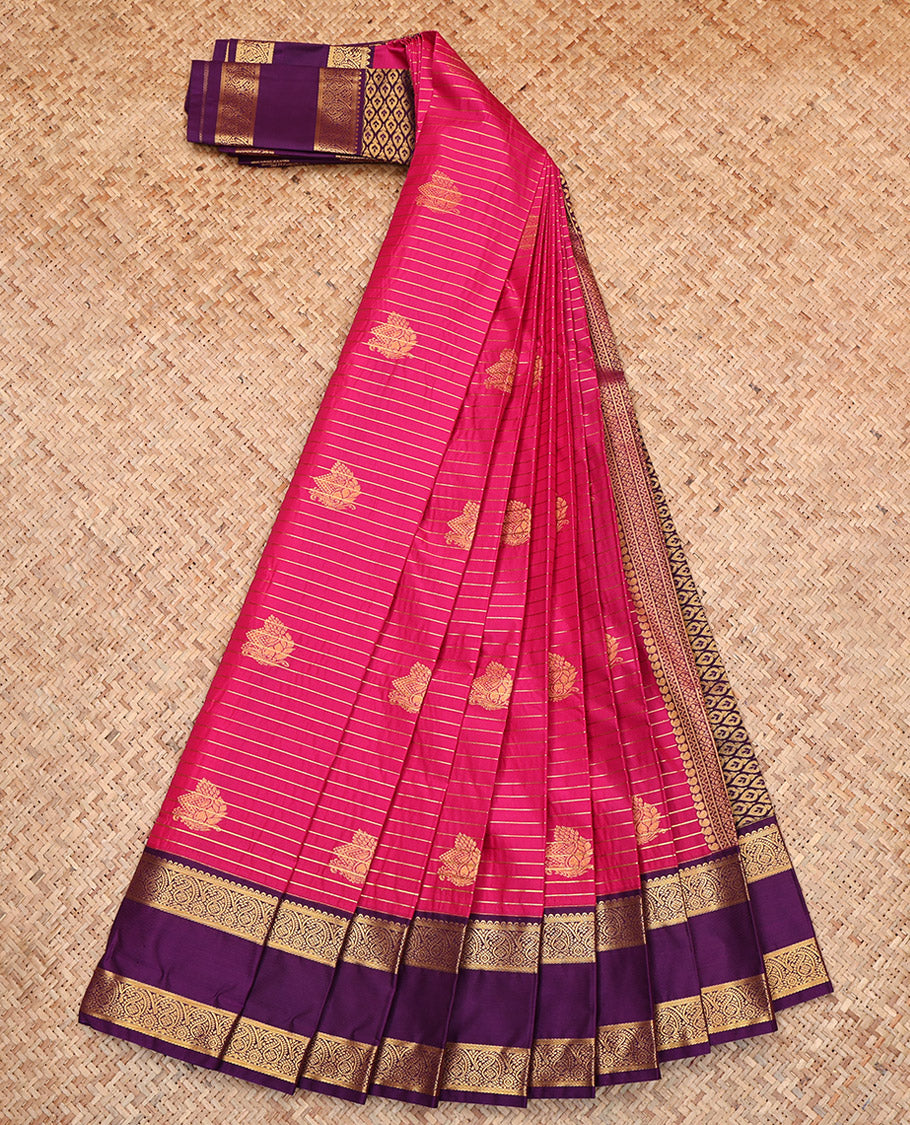 Pink Budget Silk Saree, Elevated with Zari Buttas and Stripes, Complemented by Contrast Traditional Zari Rettai Pettu Border, Jaal Pallu, and a Contrast Blouse