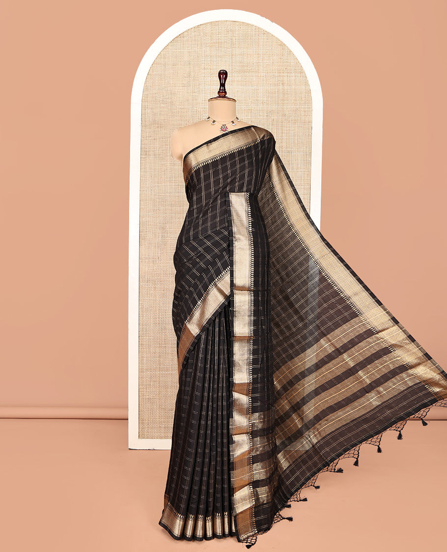 Black Assam Silk Saree, Detailed with Zari Checks, a Traditional Zari Border, Pallu of Zari Stripes