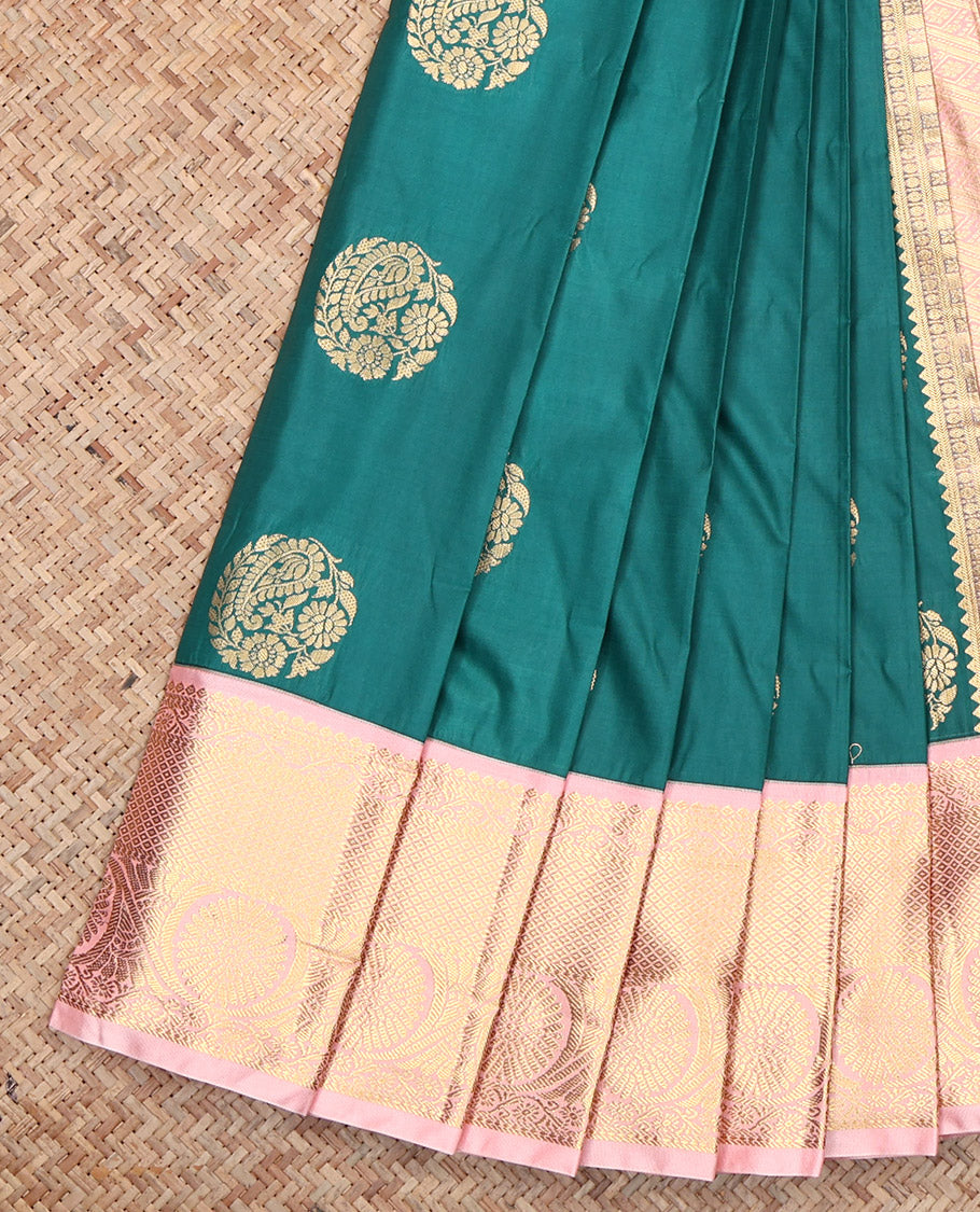 Green Budget Silk Saree, Elevated with Zari Buttas, Contrast Traditional Zari Border, Diagonally Striped Pallu, and a Contrast Blouse