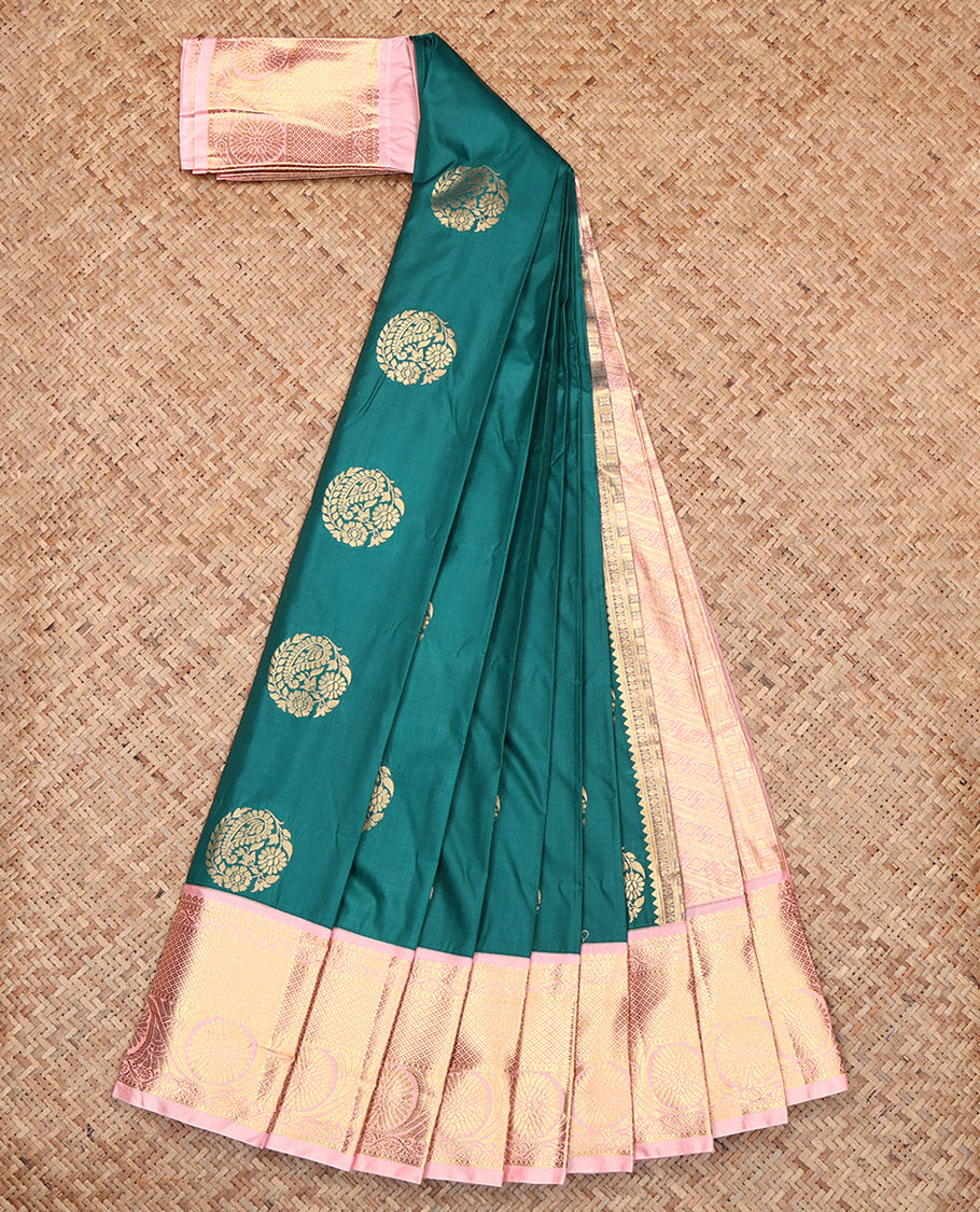 Green Budget Silk Saree, Elevated with Zari Buttas, Contrast Traditional Zari Border, Diagonally Striped Pallu, and a Contrast Blouse