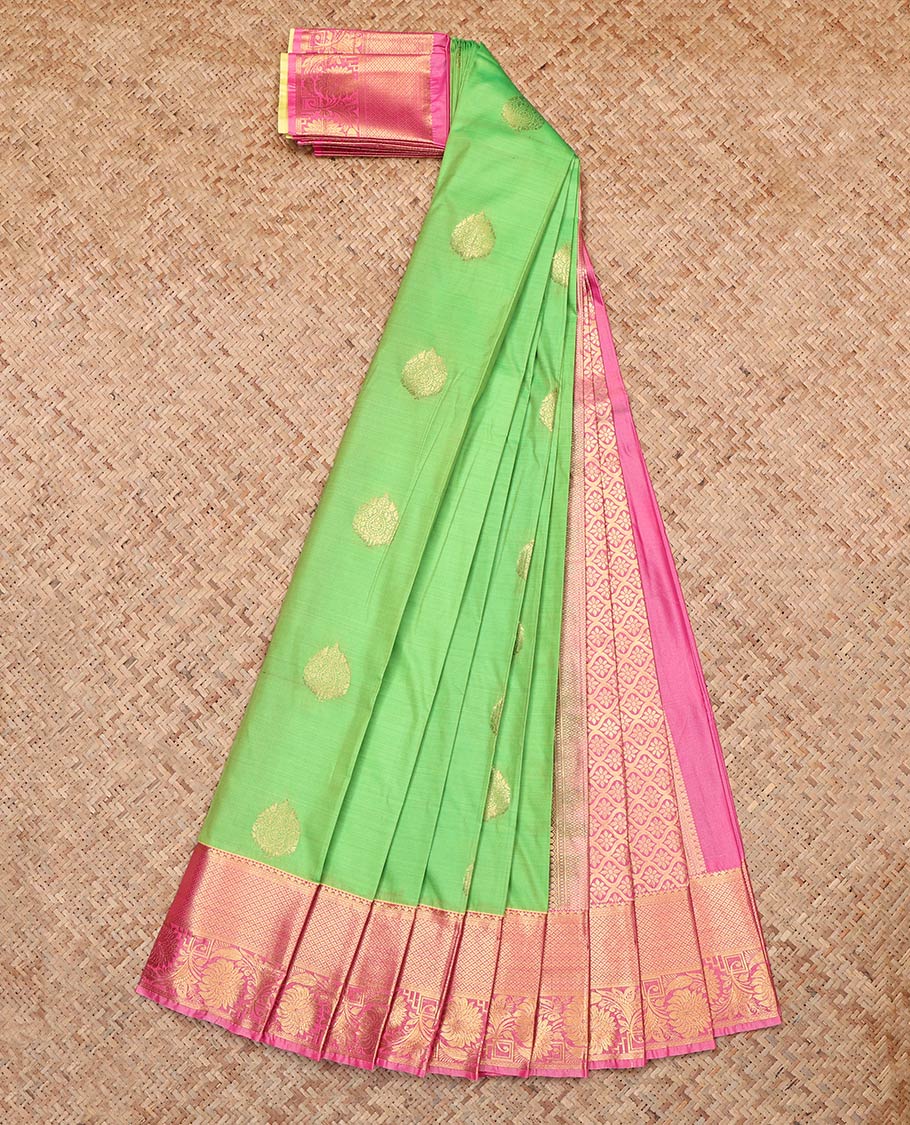 Green Budget Silk Saree, Subtly Sparkled With Zari Buttas, Complemented by Contrast Traditional Zari Border, Grand Pallu and a Contrast Blouse