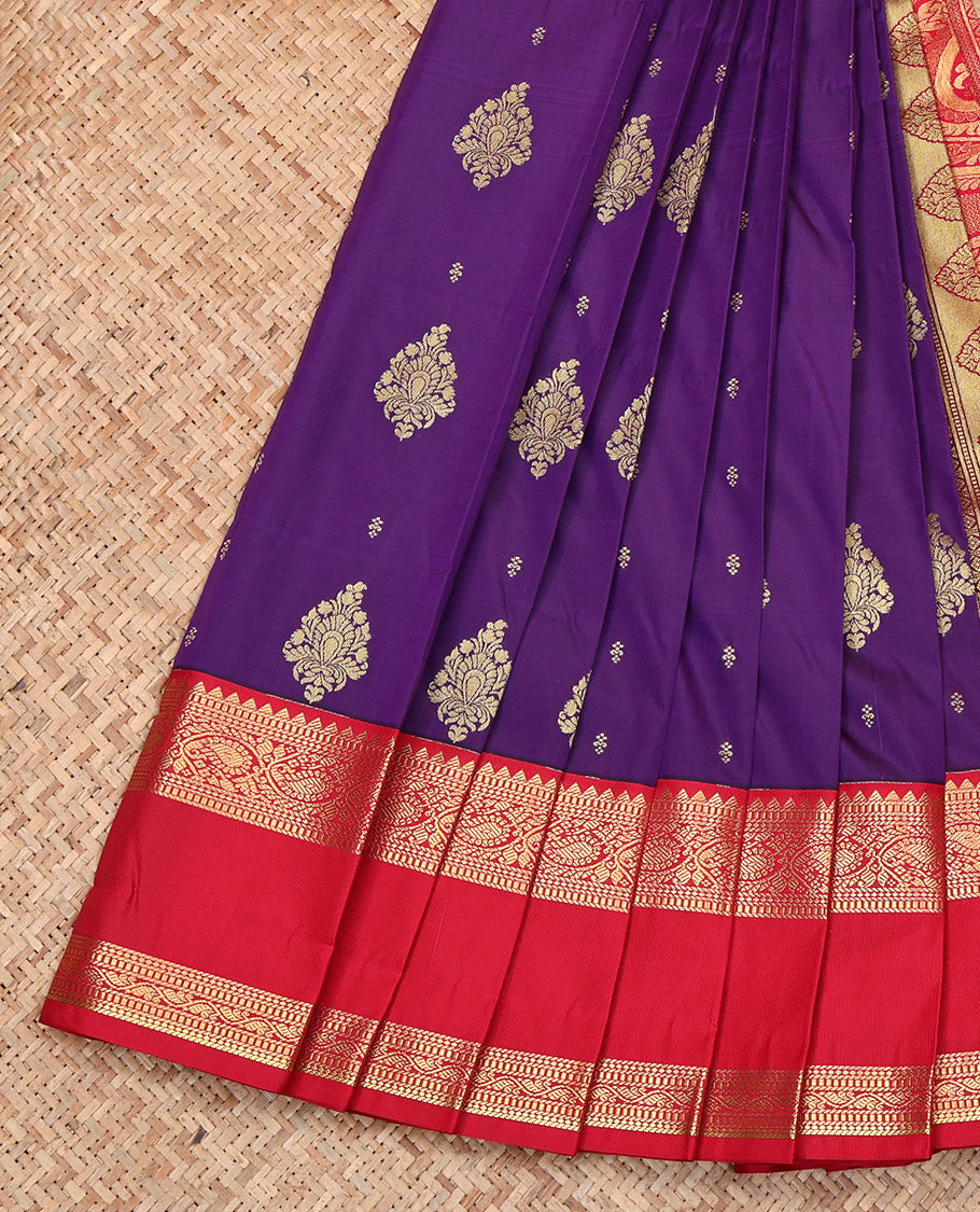 Violet Budget Silk Saree, Spotlighted with Zari Buttas, Complemented by Contrast Traditional Rettai Pettu Border, Grand Pallu, and a Contrast Blouse