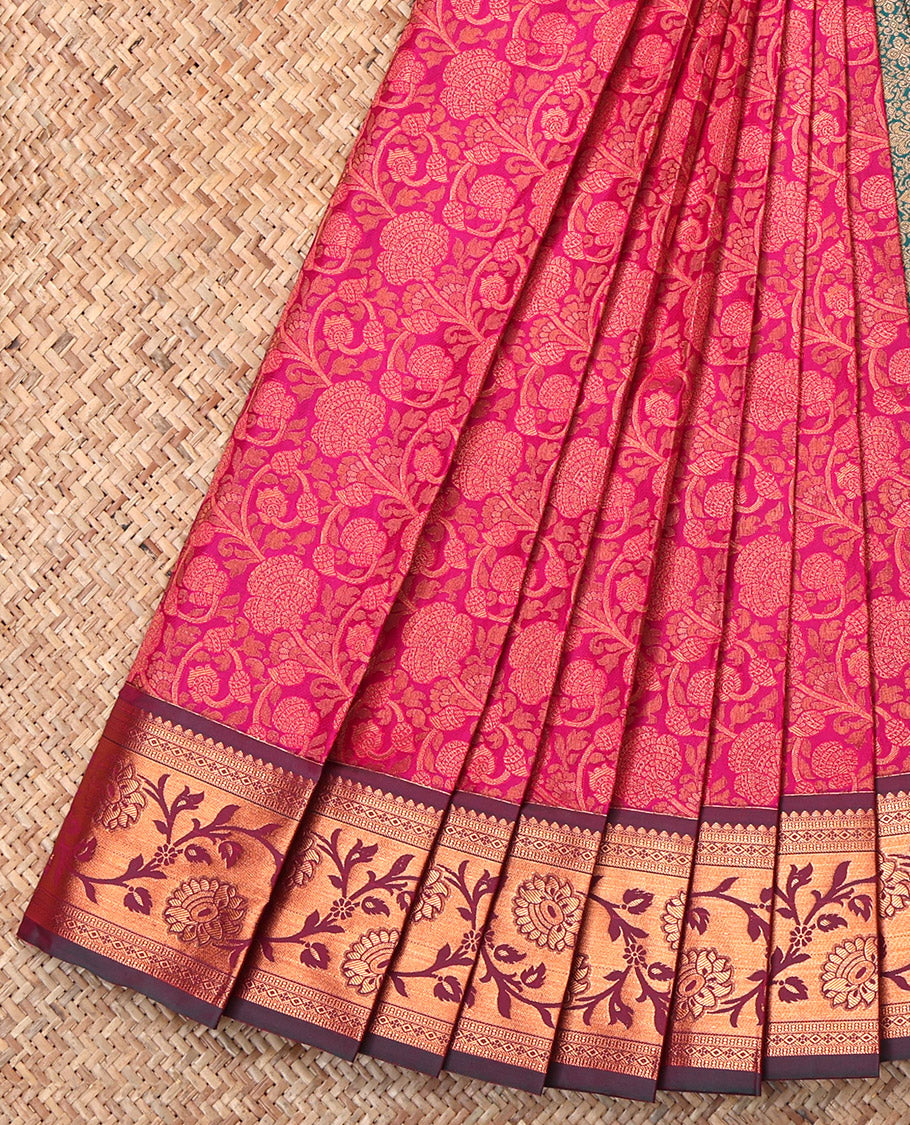 Pink Budget Silk Saree, Entralled with Floral Jaal Jacquard, Contrast Floral Creeper Border, Grand Pallu and a Contrast Blouse
