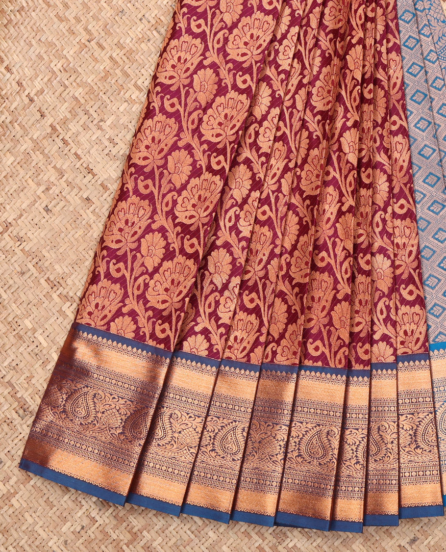 Wine Budget Silk Saree, Embellished with Jacquard, Complemented by a Contrast Traditional Zari Border, Grand Pallu, and a Contrast Blouse