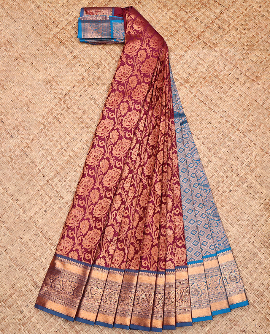Wine Budget Silk Saree, Embellished with Jacquard, Complemented by a Contrast Traditional Zari Border, Grand Pallu, and a Contrast Blouse