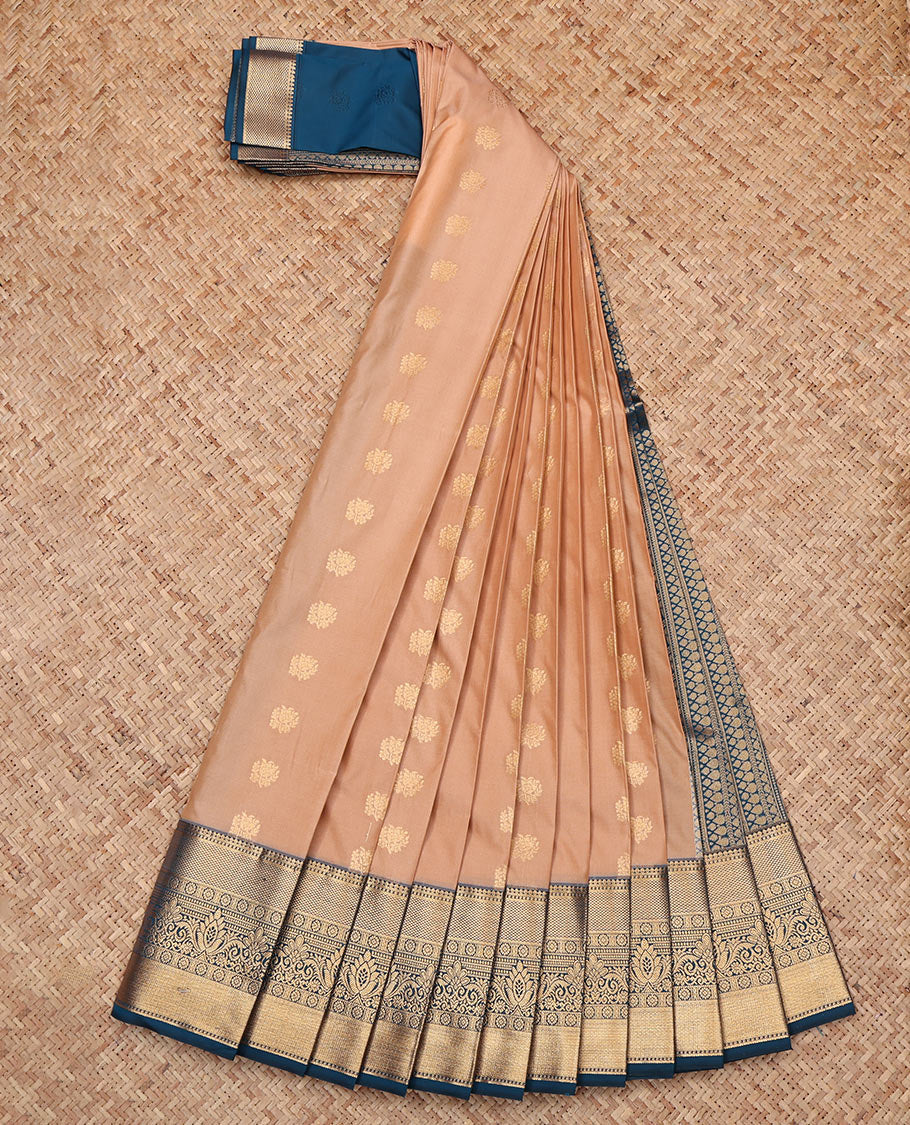 Sandal Budget Silk Saree, Sparsely Woven with Zari Buttas, Complemented by a Contrast Traditional Zari Border, Grand Pallu, and Contrast Blouse