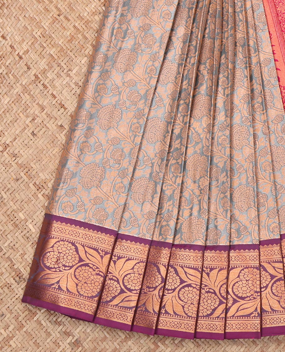 Grey Budget Silk Saree, Elevated with Floral Jacquard, Complemented by a Contrast Floral Creeper Zari Border, Jaal Pallu, and a Contrast Blouse
