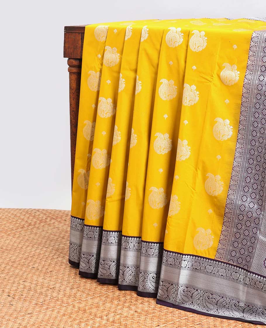 Mustard floral motifs gift saree with floral contrast zari design & intricate zari design pallu
