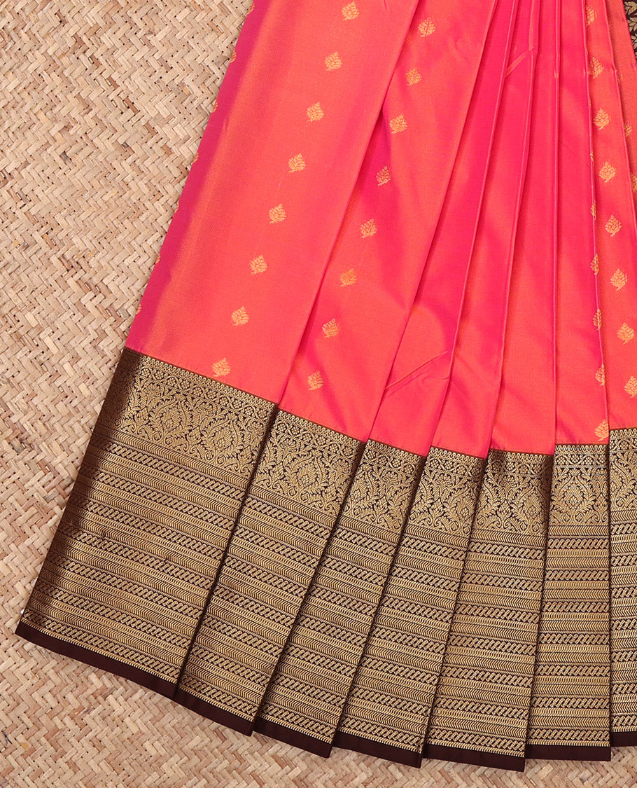 Pink-Orange Budget Silk Saree, Graced with Zari Buttas, Complemented by a Contrast Traditional Zari Border, Grand Pallu, and a Contrast Blouse