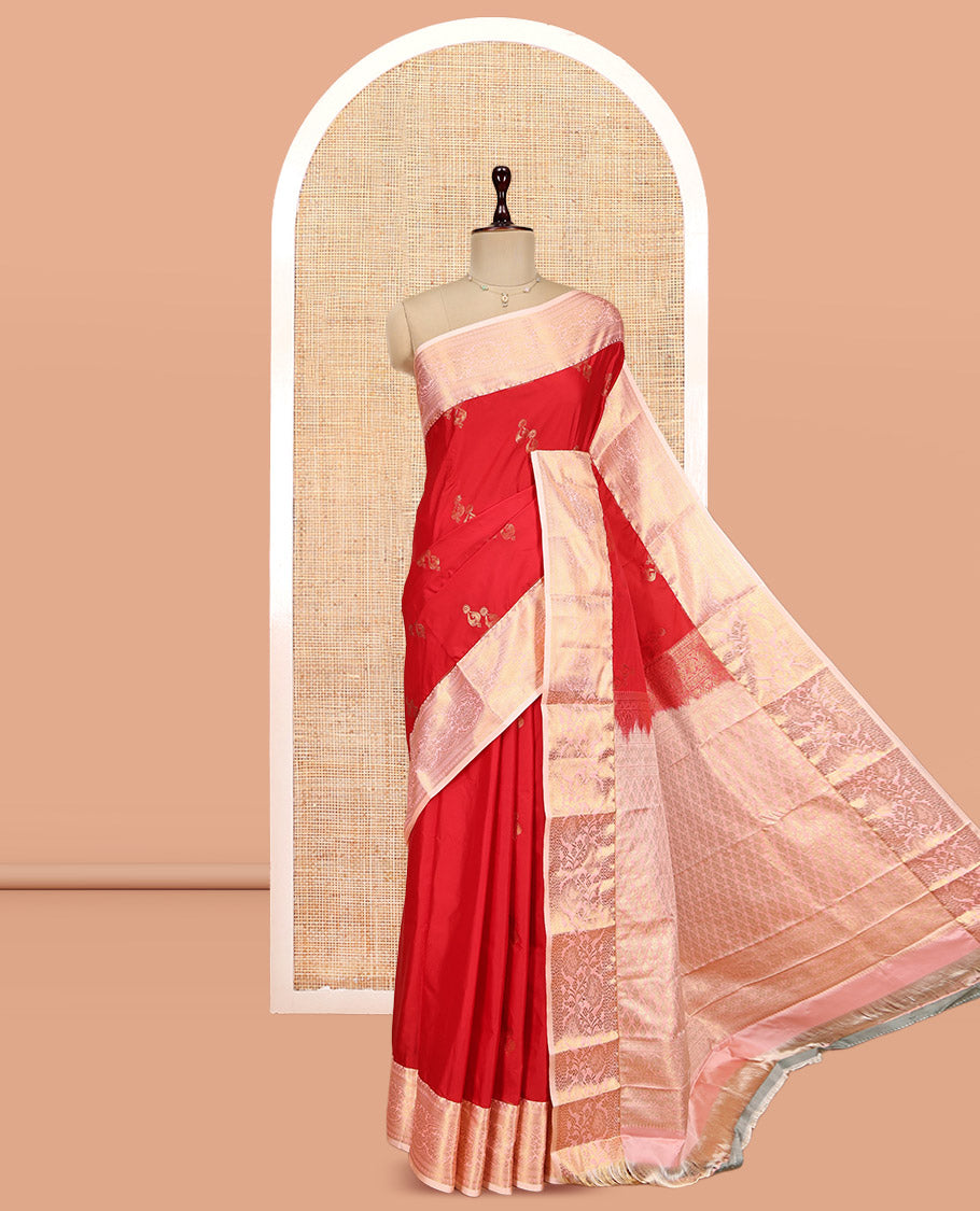 Red Budget Silk Saree, Accentuated with Zari Buttas, Complemented by a Contrast Traditional Zari Border, Grand Pallu, and a Contrast Blouse