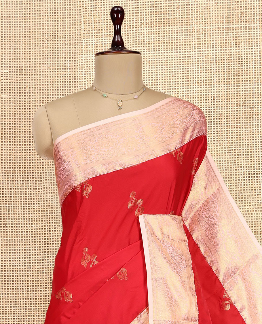 Red Budget Silk Saree, Accentuated with Zari Buttas, Complemented by a Contrast Traditional Zari Border, Grand Pallu, and a Contrast Blouse