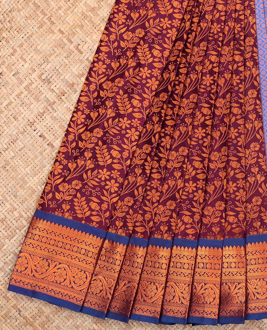 Maroon Budget Silk Saree, Graced with Floral Vine Design, Complemented by Contrast Traditional Floral Creeper Zari Border, a Jaal Pallu and a Contrast Blouse